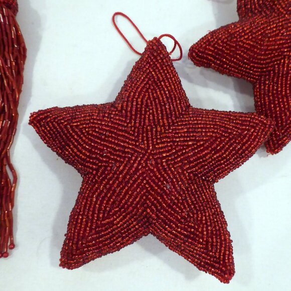 NEW 6” CHRISTMAS HOLIDAY RED BEADED SEED BEAD STAR TASSEL ORNAMENT LOT OF 4 - Picture 3 of 10